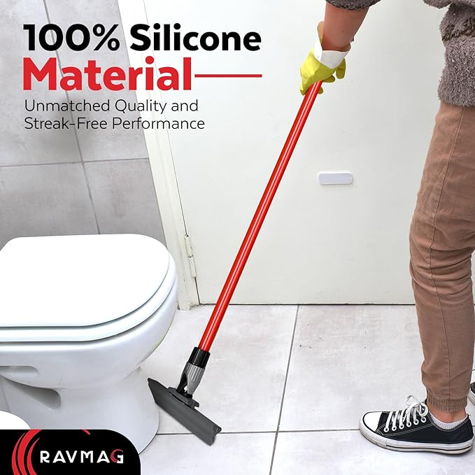Silicone Floor Squeegee with 55-Inch Long Handle, 12-Inch Single Cast Silicone Blade, 360° Swivel Joint - Multifunction Floor Squeegee for Garage