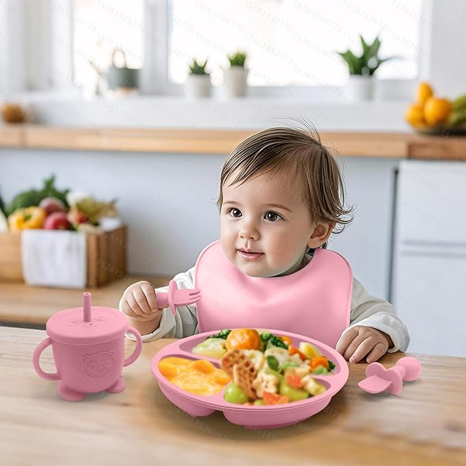 Baby Led Weaning Supplies, 8 Piece BPA-Free Silicone Feeding Set, Silicone Suction Bowl, Forks & Spoons, Bib & Cup, Develops Self Feeding Skills