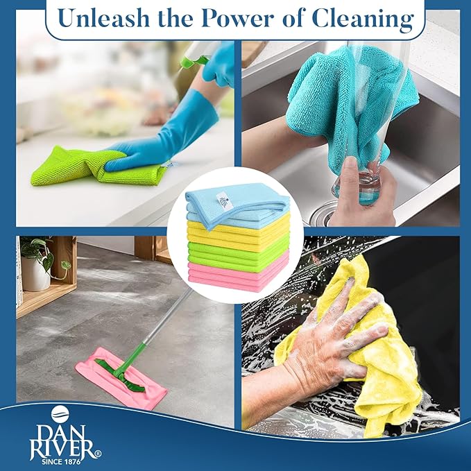 DAN RIVER 12-Pack Microfiber Towels – Ultra Absorbent, Lint-Free & Streak-Free dishwashing Rags for Home, Car & Kitchen - Must-Have Cleaning Essentials - 12" x 12" - Assorted