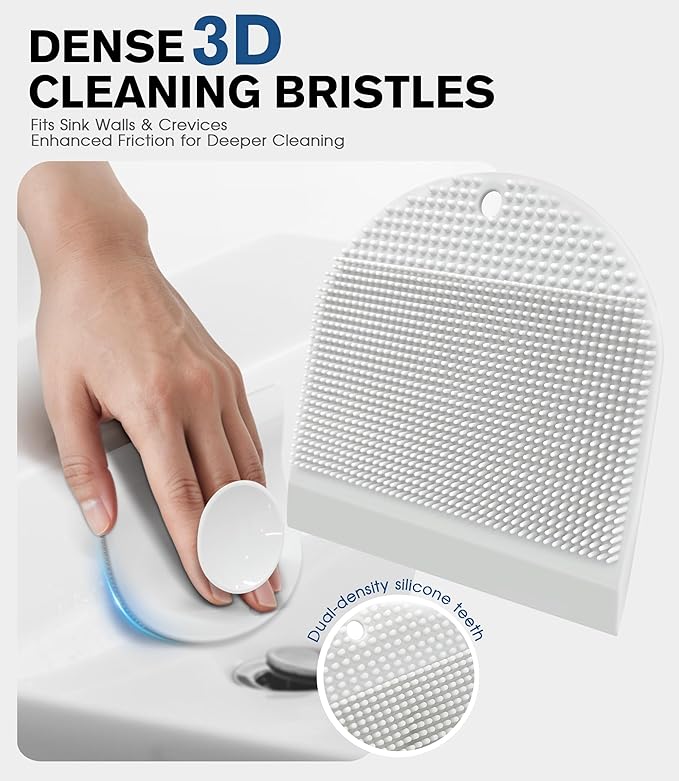 2 Pack Silicone Sink Cleaning Brush with Squeegee, Flexible Non-Scratch Dish Scrubber for Kitchen and Bathroom Sink, Countertop & Dishwashing, Suction Cup Hanging Design (White)