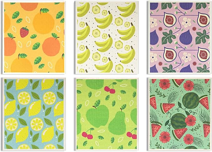 6 - Pack Swedish Kitchen Dish Cloths - Reusable Paper Towels for Counters & Dishes - Eco Friendly Cellulose Sponge Cloth (Fruits)