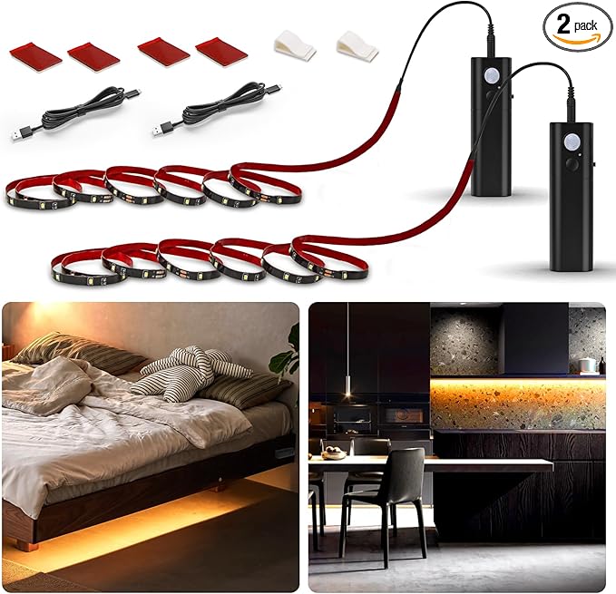 WOBANE Rechargeable Motion Sensor Strip Light, LED Closet Lights, Upgraded Battery Operated LED Strip Light for Wardrobe,Stair,Pantry,Cabinet,Cupboard,Bed,Locker,2700K Warmwhite,Black,6.56ft,2 Pack