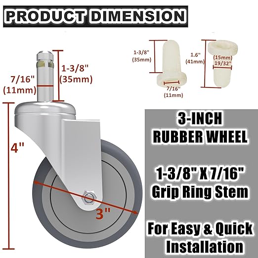 RILIDRI 3-Inch Swivel Stem Caster, 7/16-Inch Stem Diameter Rubber Wheel, Heavy Duty TPR Replacement Wheels for Rubbermaid Mop Bucket Cart Grill Casters - 8 Pack