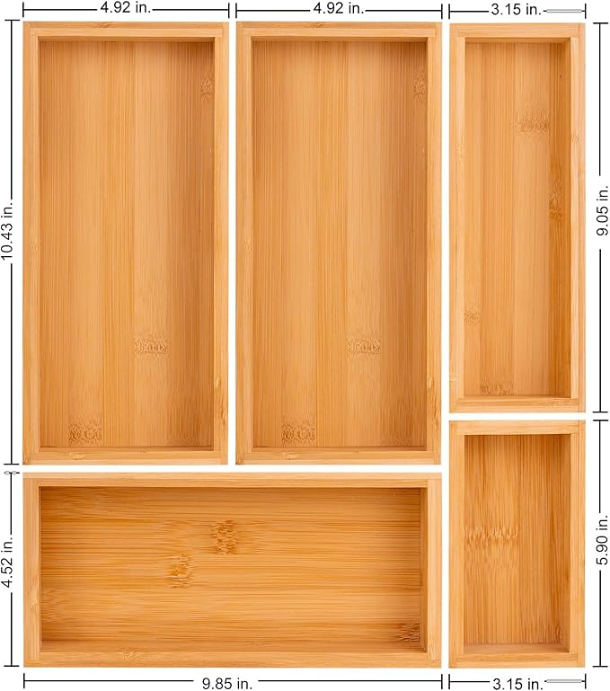 Bamboo drawer organizer Set, Expandable drawer dividers, 1 X 5PCS Natural