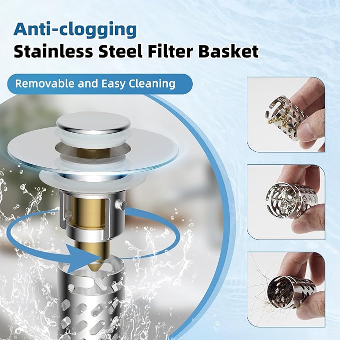 iFealClear Universal Metal Bathroom Sink Stopper, Pop Up Sink Drain Strainer with Removable Stainless Steel Hair Catcher Filter Basket, Drain Stopper for 1.1"-2.36" Basin, Brass Bounce Core,Chrome