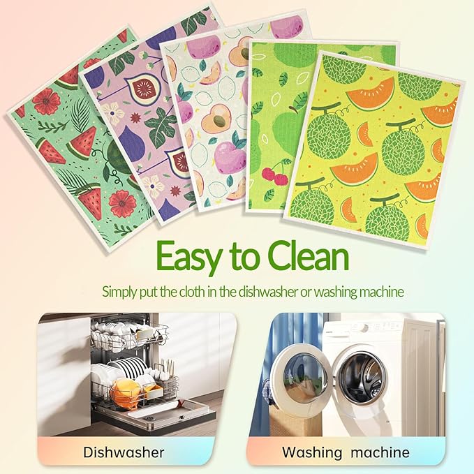 6 - Pack Swedish Kitchen Dish Cloths - Reusable Paper Towels for Counters & Dishes - Eco Friendly Cellulose Sponge Cloth (Fruits)