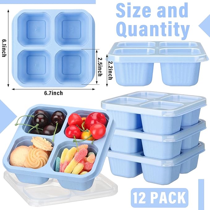 Ziliny 12 Pcs 4 Divided Compartments Snack Containers Bento Wheat Straw Snack Box with Lid Reusable Meal Prep Lunch Box Food Storage Containers for Adults Christmas Travel Work Gifts(Blue)
