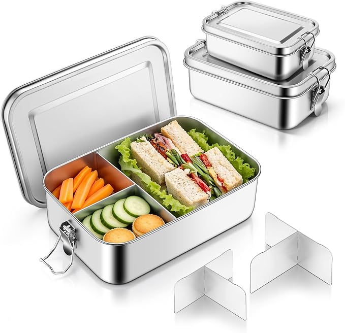 TeamFar Stainless Steel Bento Box, 3 Pack (18.6 & 28 & 47oz) Metal Lunch Box with 3 Compartments for Adults/Kids, Lunch Food Containers for School/Work/Meal Prep, Leak-Proof, 550ML+850ML+1400ML