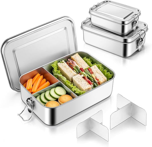 TeamFar Stainless Steel Bento Box, 3 Pack (18.6 & 28 & 47oz) Metal Lunch Box with 3 Compartments for Adults/Kids, Lunch Food Containers for School/Work/Meal Prep, Leak-Proof, 550ML+850ML+1400ML