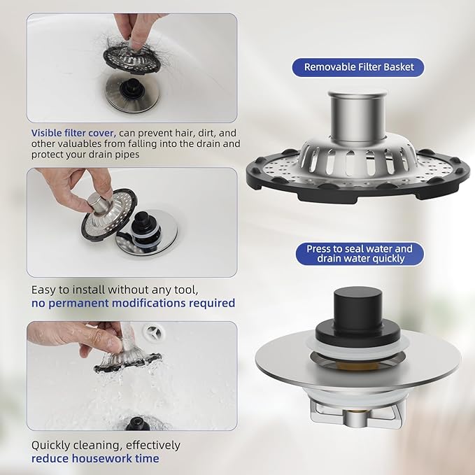 Metal 2 Pack Bathtub Drain Stopper with Top Hair Catcher, 3 in 1 Pop-up Bathtub Strainer