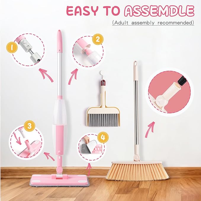 Toddler Gifts Cleaning Toy Sets, Real Working Water-Spraying Mop Toy & Kids Broom Dustpan Set, Montessori Mini Kids Spray Mop, Toddler Cleaning Set for Floor, Christmas Birthday Gifts for Age 3+