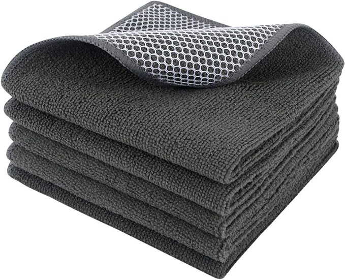 SINLAND Microfiber Dish Cloths Wash Clothes for Kitchen Best Kitchen Cloths Cleaning Cloth Poly Scour Side 12"x12" (5Pack, Dark Grey)