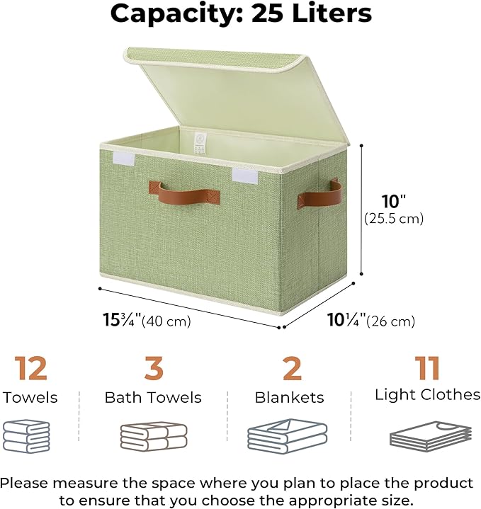 GRANNY SAYS Fabric Storage Bins with Lids, Decorative Storage Boxes with PU Handles, Keepsake Memory box, Shelf Baskets for Closet, Sage Green/White, Large, 2-Pack