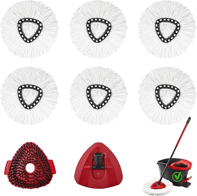 8Pcs Mop Head Replacement,Spin Mop Replacement Head Compatible with Cedar Easywring 1-Tank System Including Machine Washable & Easy to Replace,6 Spin mop Replacement Heads,1 Brush Head and 1 Base