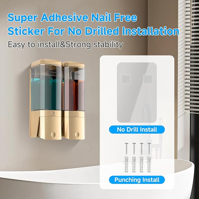 Shampoo and Conditioner Dispenser,Shower Dispenser 2 Chamber No Drill Shampoo Dispenser for Shower Wall Mounted Shower Soap Dispenser for Bathroom Hotel,Large Capacity 2 * 500ML,Gold