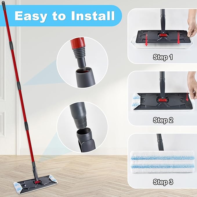Mop Replacement Pads Compatible with OCedar H2prO Flat Mop System, Mop Handle for Ocedar H2prO Flat Mop, 3 Pack Mop Replacement & 30" to 58" Extendable Length Mop Handle for Ocedar H2prO