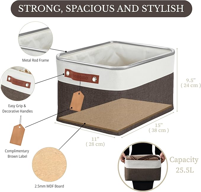 Storage Bins, Large Fabric Storage Baskets for Shelves, Brown & White, 4 Pack