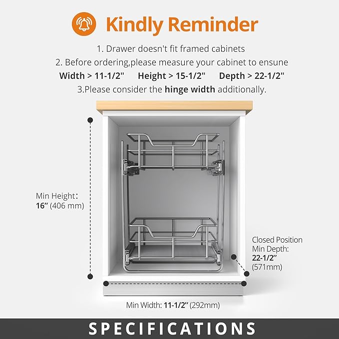 ZOINLIY Pull Out Cabinet Organizer, Versatile Slide Out Kitchen Organizers and Storage,Heavy Duty Drawer Cupboard Storage Basket, Smooth Sliding, Chrome Finish (2-Tiers-11¼''W×22“D)
