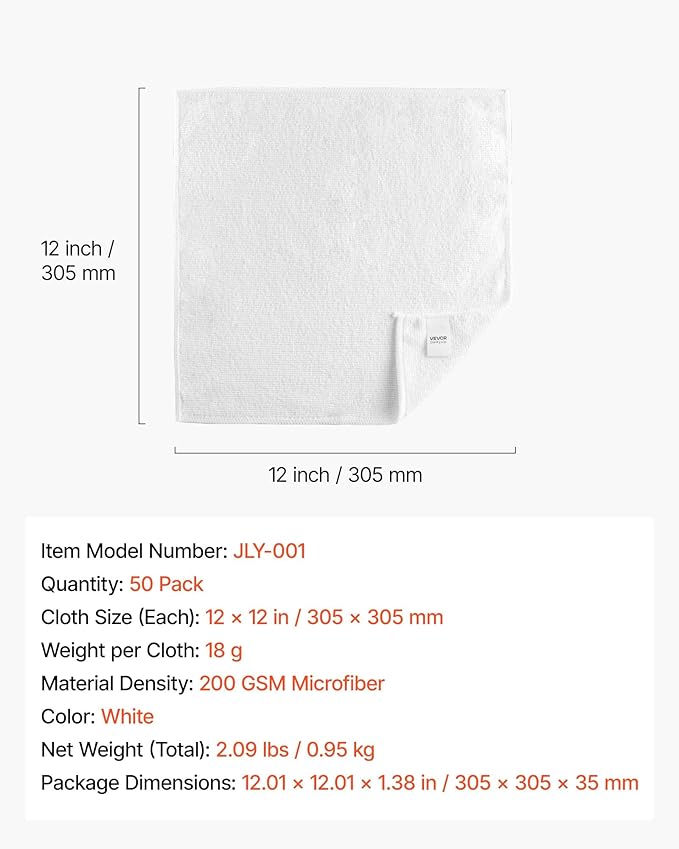 VEVOR 50 Pack White Microfiber Cleaning Cloth, 12 x 12 in Premium Microfiber Towels, Lint-Free and Scratch-Free, Absorbent Cleaning Rags for Car, Household, Kitchen, Window, SPA, Hotel & Bathroom