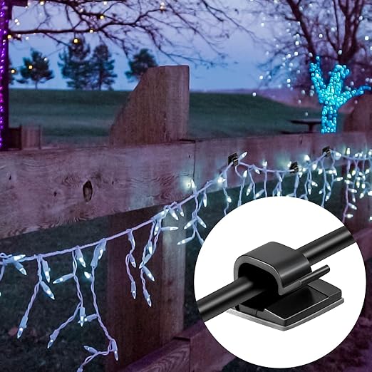 Blulu 100 Pcs Adhesive Cable Clips Bulk Wire Holder for Cord Organizer Clips Cable Management Outdoor Light Hooks for Christmas Wall String Lights Fairy Lights
