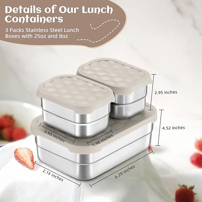 HaWare Stainless Steel Lunch Box Containers for Kids, Leak Proof Food Storage Containers with Khaki Silicone Lids