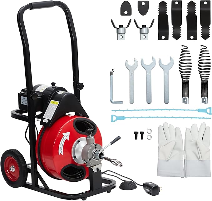 GarveeTech Auto Feed 75 ft x 1/2 in Drain Cleaner Machine with 250W Motor, Portable Sewer Snake Auger with 8 Cutters & Air-activated Foot Switch