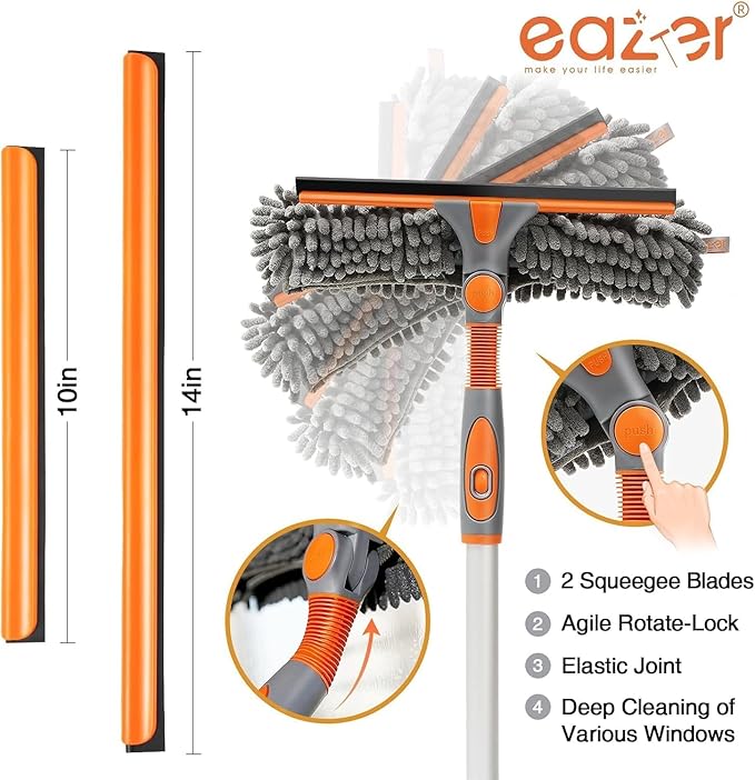 Eazer 2-in-1 Window Cleaner Tool, 64'' Window Squeegee for Home, Window Cleaning Squeegee Kit with Telescopic Pole