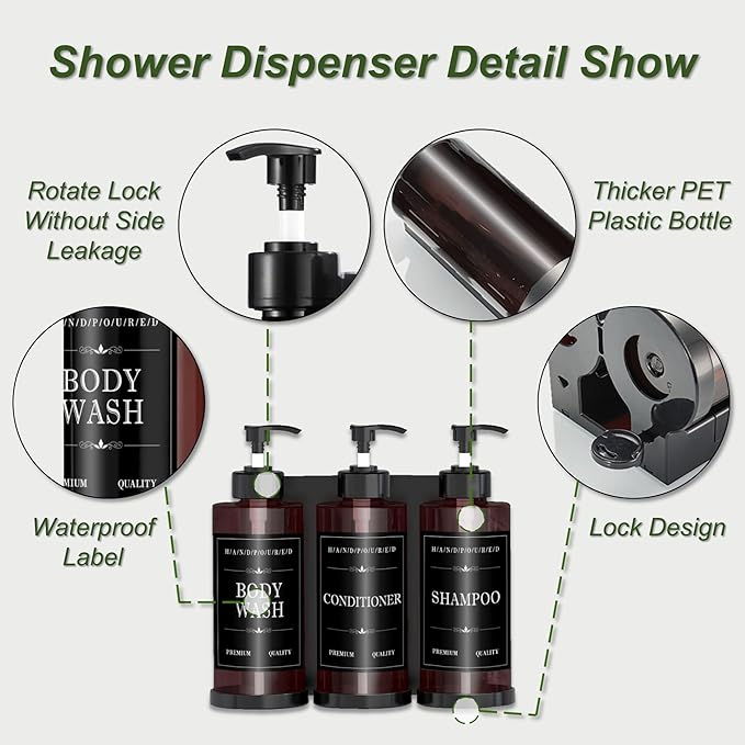 Shampoo and Conditioner Dispenser for Shower Wall, Body Wash Dispenser with 5 Waterproof Labels, No-Drill Wall Mounted Shower Soap Dispenser for Bathroom Decor Upgrade - Brown 3 Chamber