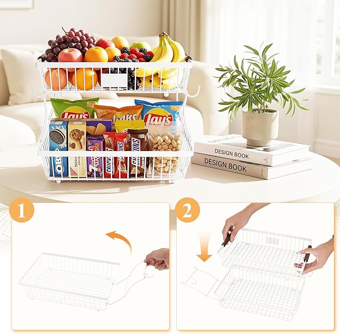 2-Tier Stackable Wire Basket with 2 Banana Hooks, Pantry Organizer for Kitchen Countertops, Cabinets & Under-Sink Spaces; Ideal for Storing Snacks, Fruits, Veggies, Onions, Potatoes, & More，White