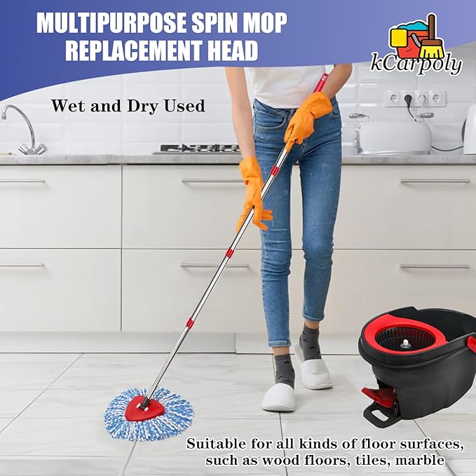 2 Pack Spin Mop Replace Head Compatible for Oceda EasyWring 1 Tank Triangle System, Microfiber Replacement Head Refills for 5.9inch Core, Included Base and 30-58in Handle