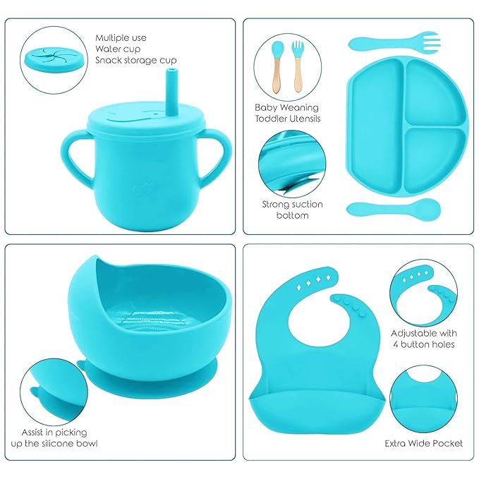 100% Silicone baby feeding set,BPA free Baby dishes set with Suction Bowl Divided Plate,Toddler Self Feeding Dish Set with Spoons Forks Sippy Cup And Bib, Baby Eating Utensils (Cyan Blue)