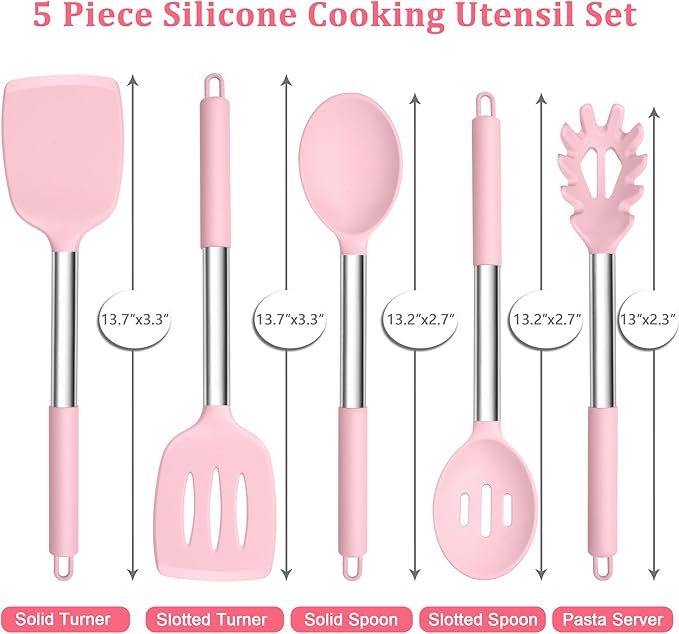 TeamFar Cooking Utensils Set, 5 PCS Silicone Kitchen Utensils with Stainless Steel Handle for Nonstick Cookware Turning Flipping Frying Draining, Heatproof & Healthy, Nonstick & Easy Clean, Pink