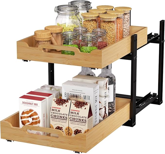 Golener Pull Out Cabinet Organizer - 2-Tier Slide Out Bamboo Drawers for Kitchen Cabinets, Bathroom Organizers and Storage, Under Sink Organizer for Kitchen Storage Organization with Coated Iron Frame