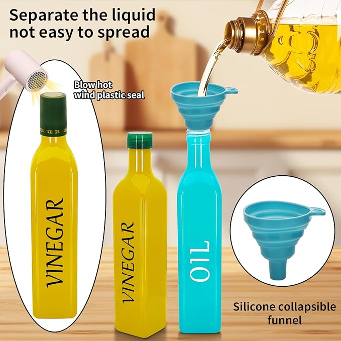 Olive Oil Dispenser Bottle,2 Pcs 17oz 500ml Glass O il and Vinegar Dispenser Set with 2 Stainless Steel Pourers, 8 Labels,Funnel Vinegar Bottles for Kitchen (Turquoise Oil & Yellow Vinegar)