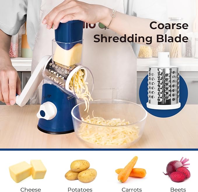 X Home Rotary Cheese Grater for Kitchen, Shredder with 3 Interchangeable Blades, Rotary Grater with Handle and Strong Suction Base, for Vegetables, Fruit, Nuts, Easy to Use and Clean, Dark Blue
