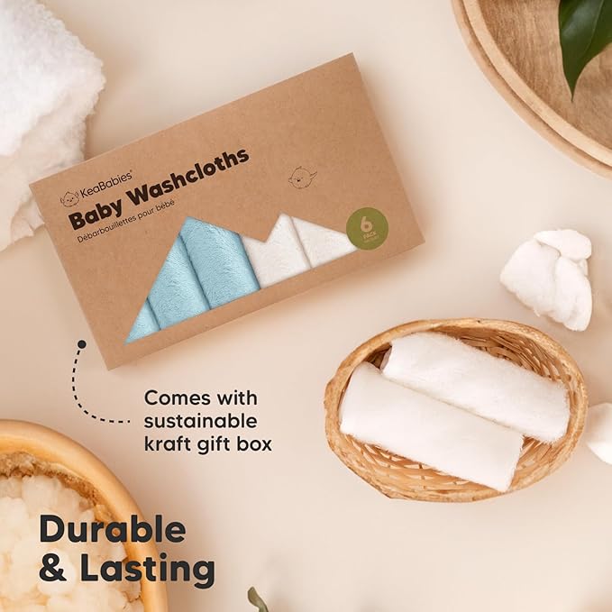 6-Pack Baby Washcloths – Soft Absorbent Viscose from Bamboo Washcloths for Face, Body, Baby Towels for Newborn, Kids, Toddlers, Infant, Gentle on Sensitive Skin, 10x10 Reusable Face Towels (White/Sky)