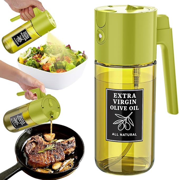 500ml Green Olive Oil Sprayer, Controlled Oil Glass Spray Bottle for Salad, Air Fryer Vegetables, Cooking, Refillable 2-in-1 Dispenser
