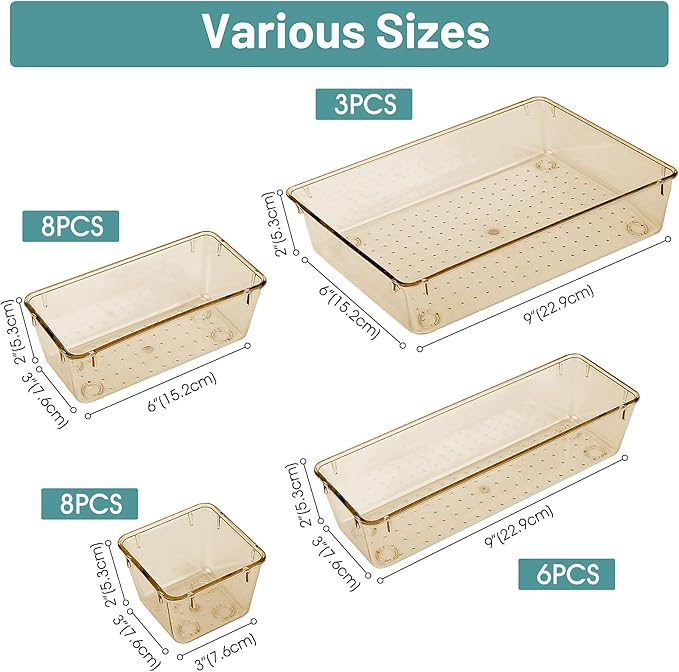 25 PCS Plastic Drawer Organizer Set, Clear Champagne