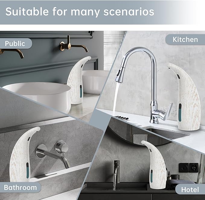 Automatic Liquid Soap Dispenser，300ML Touchless 4 Gear Adjustable,Countertop Electric Battery Operated Hand Soap Dispenser with Sensor for Bathroom,Kitchen,Office(White Wood Grain)