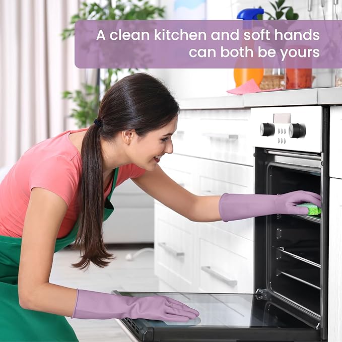 Rubber Cleaning Gloves for Dishwashing, 4 Pairs Reusable Kitchen Gloves for Washing Dishes and Household Cleaning, Purple Dish Gloves with Flocked Lining and Non-Slip Grip, Pefect for Woman Men - S