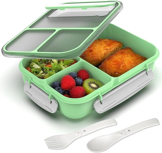 WHALEHOUSE Large Capacity Bento Box for Adult, 1700ML 3 Compartments Lunch Box with Utensil, Airtight Food Container with Lids for Meal Prep, Microwave/Dishwasher/Freezer Safe, On the Go (Green)