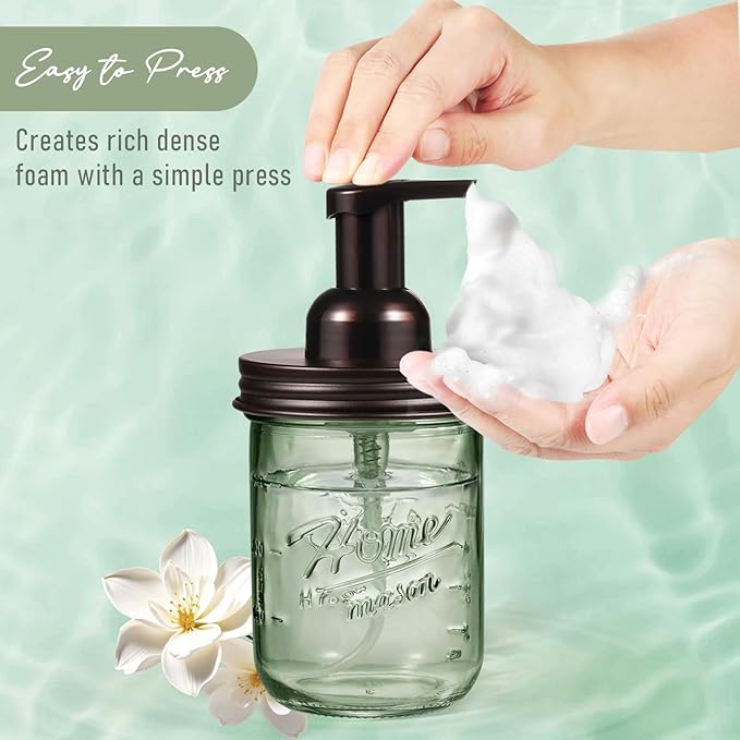 SheeChung Mason Jar Foaming Soap Dispenser, Stainless Steel Lid, BPA Free Pump, Green Glass Foam Hand Soap Dispenser, 16 Oz Refillable Liquid Foam Dispenser Bottle for Bathroom Kitchen-Bronze, 2 Pack