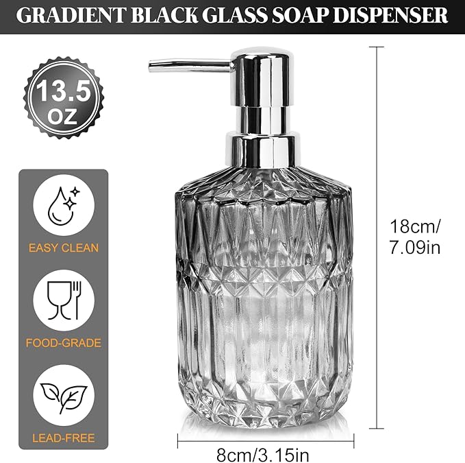 Glass Soap Dispenser with Plastic Pump, 2 Pack 12oz Gradient Diamond Hand & Refillable Lotion Dispenser & Dish Bathroom Soap Dispenser for Liquid, Shower Gel