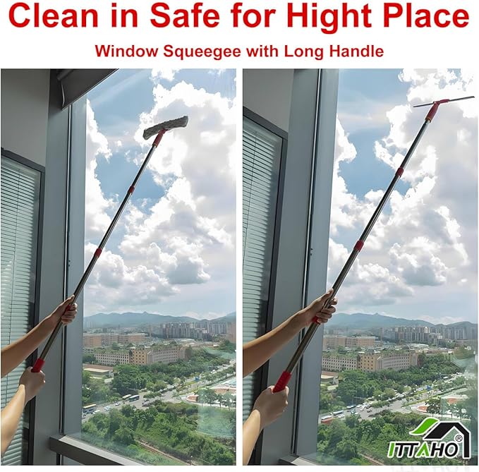 ITTAHO Squeegee for Window Cleaning, 12" Squeegee and 11" Microfiber Scrubber Combi with Stainless Steel Pole, Extendable Window Cleaner for Car