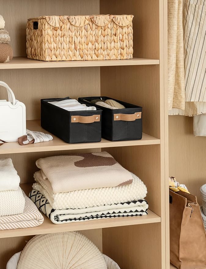 StorageWorks Narrow Storage Bins, Small Basket for Closet and Shelves, Fabric Organizer with Handles, Toilet Paper Storage, Black, 2-Pack