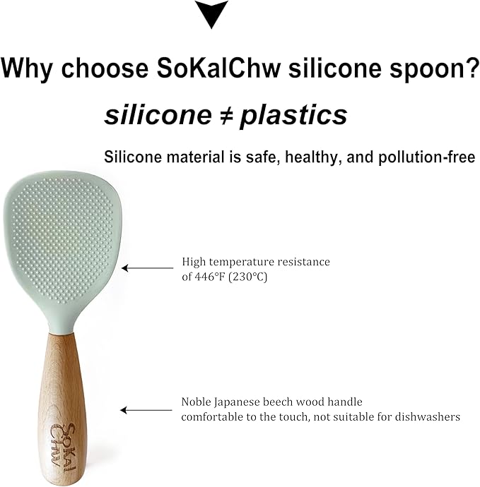 Standing Silicone Cooking Spoon and Rice Spoon with Wooden Handle, Great for Cooking, Mixing, Scoop, Scrape, Non stick Heat Resistant (White)