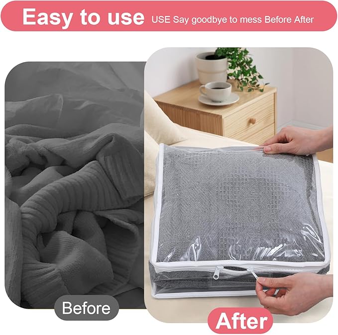 Kifmurase 6Pcs Clear Storage Bags, Plastic Blanket Storage with Zipper, Moving Bags, Closet Organizers for Comforter, Clothes, Blankets, Sweater, Bed Sheet, Bedding (15.7 x 13.8 x 3.9 Inch)