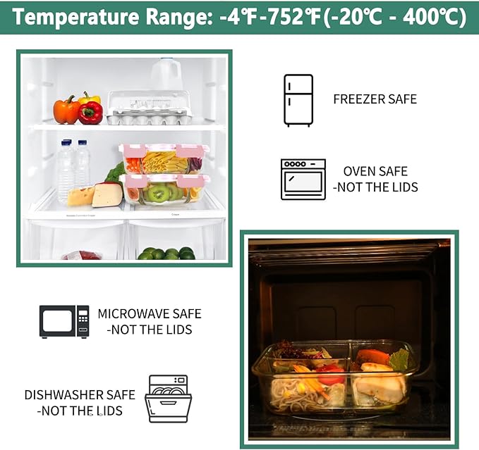 HOMBERKING 8 Pack Glass Meal Prep Containers 3 Compartment, 36oz Glass Food Storage Containers with Lids, Airtight Glass Lunch Bento Boxes