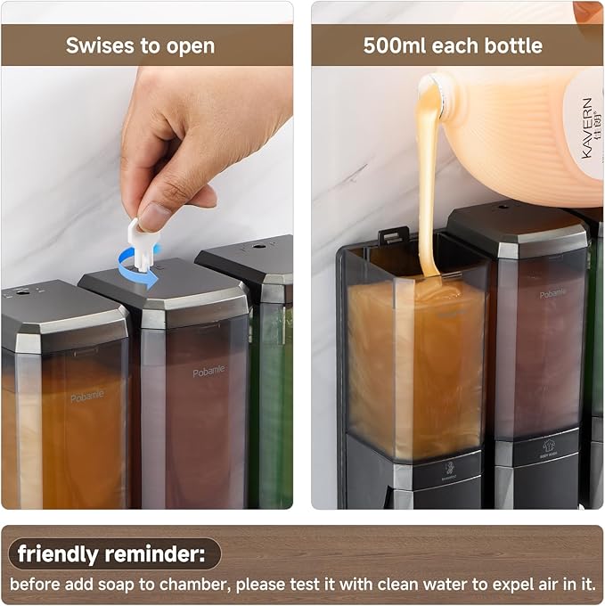 Shampoo and Conditioner Dispenser Wall Mounted, Shower Soap Dispenser No Drill Upadate Easy Slot Install, Shampoo Dispenser for Shower Bathroom Large Capacity 500ml * 3 Chamber Holder Gungray