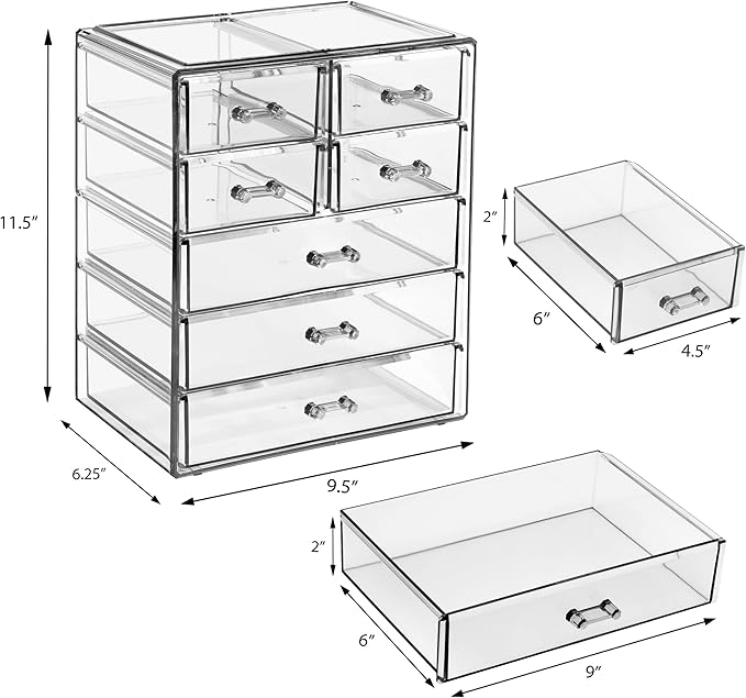 Sorbus Acrylic Makeup Organizer Set, 7-Drawer Vanity & Countertop Cosmetic Storage with Small & Wide Drawers, Clear Makeup Storage for Brushes